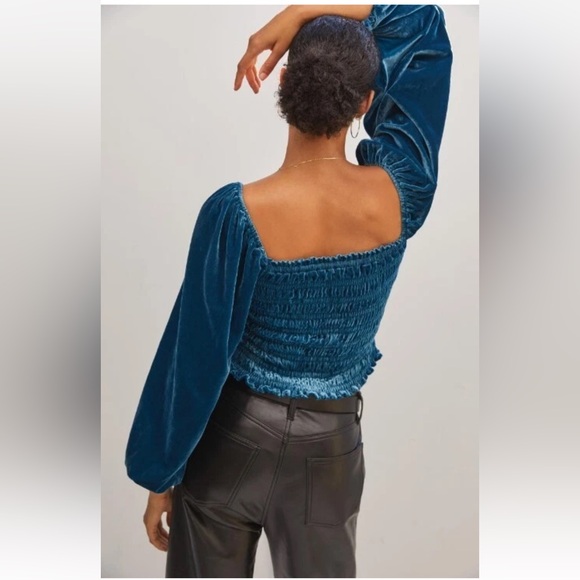 Anthropologie Puff-sleeved Velvet Blouse Top smocked Aqua Blue teal romantic L - Picture 3 of 13